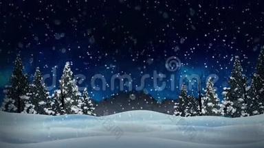 具有干燥圣诞树和山背景的<strong>冰雪</strong>冬季景观<strong>动画</strong>